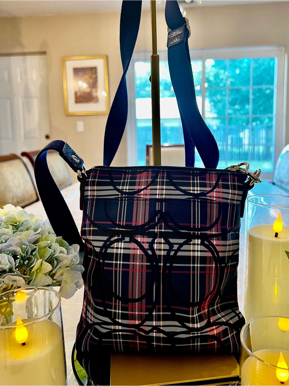 Coach Plaid Crossbody Wallet in Navy with Pink & Yellow Accents